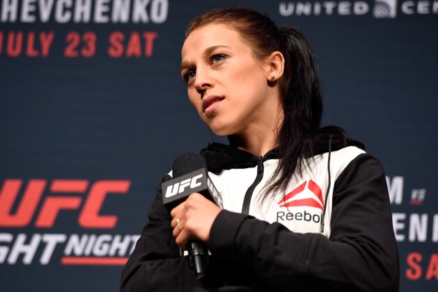 CHICAGO, IL - JULY 22:   UFC women's strawweight champion Joanna Jedrzejczyk interacts with fans during a Q&A session before before the UFC weigh-in at the United Center on July 22, 2016 in Chicago, Illinois. (Photo by Mike Roach/Zuffa LLC/Zuffa LLC via Getty Images)