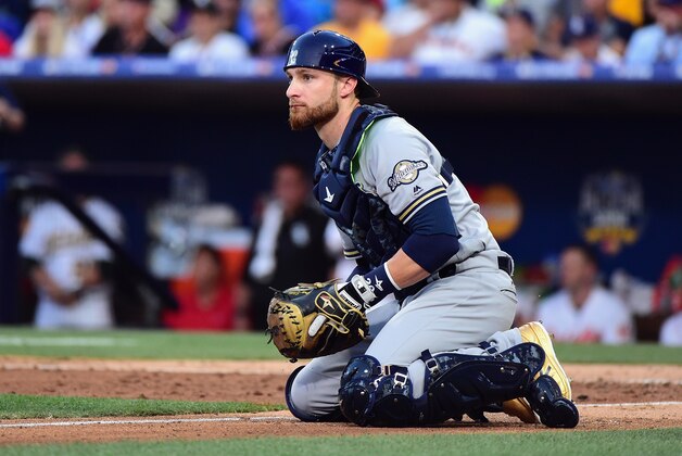 SAN DIEGO, CA - JULY 12:  Jonathan Lucroy #20 of the Milwaukee Brewers reacts during the 87th Annual MLB All-Star Game at PETCO Park on July 12, 2016 in San Diego, California.  (Photo by Harry How/Getty Images)