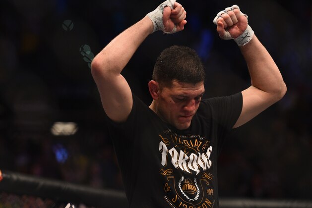 LAS VEGAS, NV - JANUARY 31:  Nick Diaz stands in the Octagon after his middleweight bout during the UFC 183 event at the MGM Grand Garden Arena on January 31, 2015 in Las Vegas, Nevada.  (Photo by Jeff Bottari/Zuffa LLC/Zuffa LLC via Getty Images)