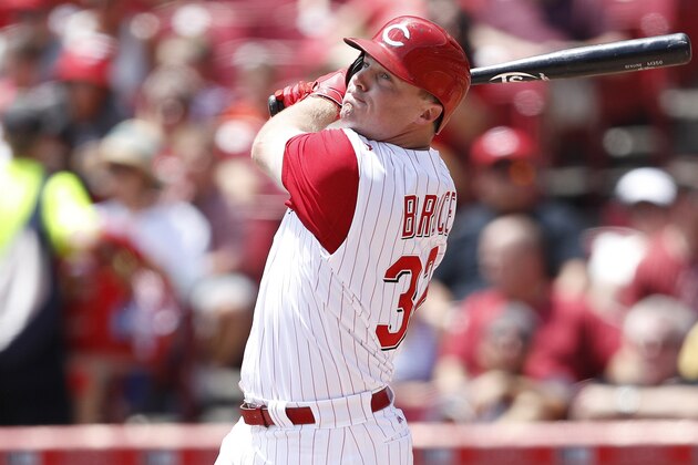CINCINNATI, OH - JULY 20: Jay Bruce #32 of the Cincinnati Reds bats during the game against the Atlanta Braves at Great American Ball Park on July 20, 2016 in Cincinnati, Ohio. The Reds defeated the Braves 6-3. (Photo by Joe Robbins/Getty Images)