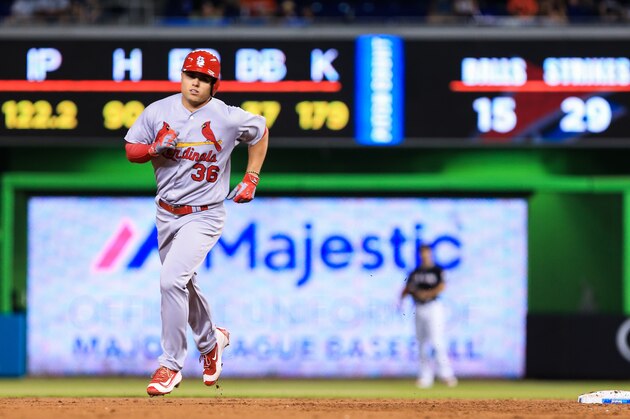 MIAMI, FL - JULY 28: Aledmys Diaz #36 of the St. Louis Cardinals runs the bases after hitting a two run home run during the second inning of the game against the Miami Marlins at Marlins Park on July 28, 2016 in Miami, Florida. (Photo by Rob Foldy/Getty Images)