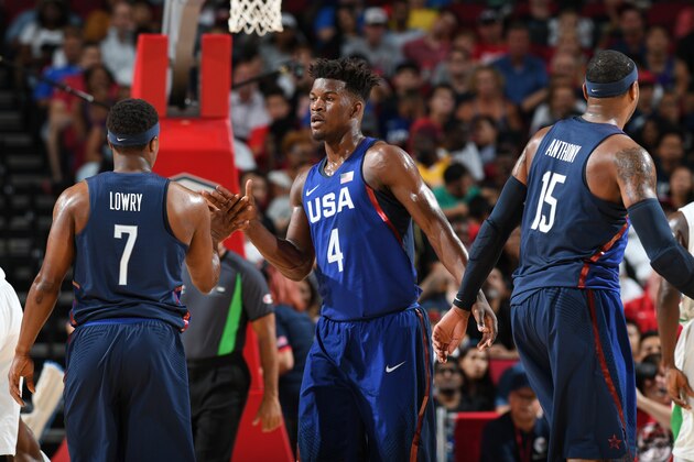 HOUSTON, TX - AUGUST 1:  Jimmy Butler #4 of the USA Basketball Men's National Team shakes hands with his teammates during the game against Nigeria on August 1, 2016 at the Toyota Center in Houston, Texas. NOTE TO USER: User expressly acknowledges and agrees that, by downloading and or using this photograph, User is consenting to the terms and conditions of the Getty Images License Agreement. Mandatory Copyright Notice: Copyright 2016 NBAE (Photo by Garrett Ellwood/NBAE via Getty Images)