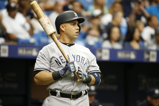 Jul 31, 2016; St. Petersburg, FL, USA; New York Yankees right fielder Carlos Beltran (36) on deck to bat during the first inning against the Tampa Bay Rays at Tropicana Field. Mandatory Credit: Kim Klement-USA TODAY Sports