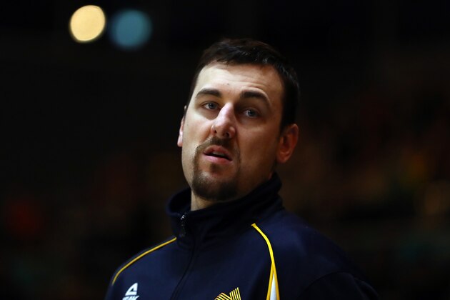 MELBOURNE, AUSTRALIA - JULY 14:  Andrew Bogut of the Boomers looks on prior to the match between the Australian Boomers and the Pac-12 College All-stars at Hisense Arena on July 14, 2016 in Melbourne, Australia.  (Photo by Robert Cianflone/Getty Images)