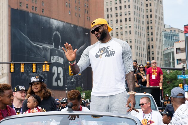 CLEVELAND, OH -  JUNE 22: LeBron James #23 of the Cleveland Cavaliers celebrates during the Cleveland Cavaliers 2016 championship victory parade and rally on June 22, 2016 in Cleveland, Ohio. (Photo by Jason Miller/Getty Images)