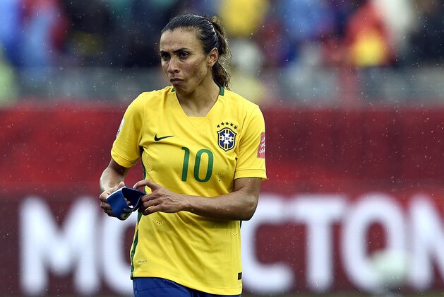 Brazil's midfielder Marta reacts at the end of their 2015 FIFA Women's World Cup round of 16 football match between Brazil and Australia at Moncton Stadium, New Brunswick on June 21, 2015. AFP PHOTO/FRANCK FIFE        (Photo credit should read FRANCK FIFE/AFP/Getty Images)