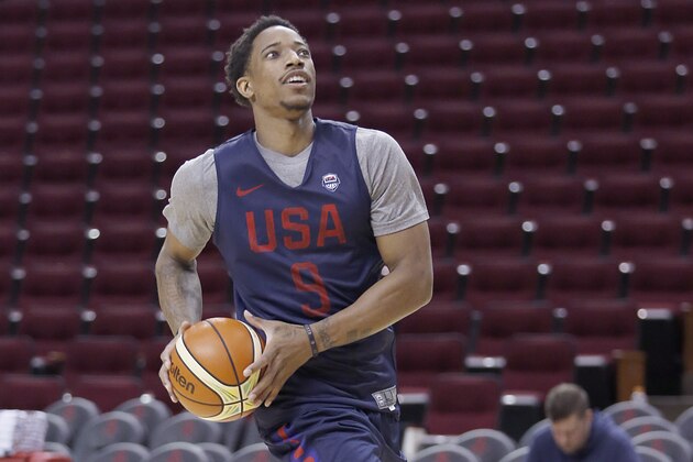 Jul 31, 2016; Houston, TX, USA; USA guard DeMar DeRozan (9) during practice at Toyota Center. Mandatory Credit: Thomas B. Shea-USA TODAY Sports
