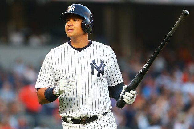 NEW YORK, NY - JULY 22: Alex Rodriguez #13 of the New York Yankees reacts after lining out to left in the second inning against the San Francisco Giants at Yankee Stadium on July 22, 2016 in the Bronx borough of New York City. (Photo by Mike Stobe/Getty Images)