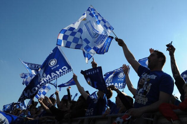 Leicester City fans celebrate at Victoria Park, Leices, England, before the victory parade after winning the English Premier league title, Monday, May 16, 2016. (AP Photo/Rui Vieira)
