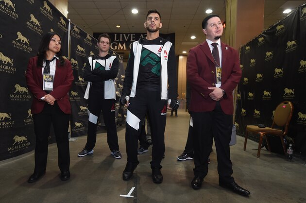 LAS VEGAS, NV - APRIL 23:  Yair Rodriguez of Mexico prepares to enter the Octagon during the UFC 197 event inside MGM Grand Garden Arena on April 23, 2016 in Las Vegas, Nevada.  (Photo by Jeff Bottari/Zuffa LLC/Zuffa LLC via Getty Images)