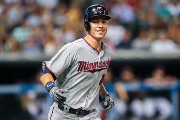 CLEVELAND, OH -  AUGUST 1: Max Kepler #26 of the Minnesota Twins celebrates as he round the bases after hitting his third two run home run for the night during the sixth inning against the Cleveland Indians at Progressive Field on August 1, 2016 in Cleveland, Ohio. (Photo by Jason Miller/Getty Images)
