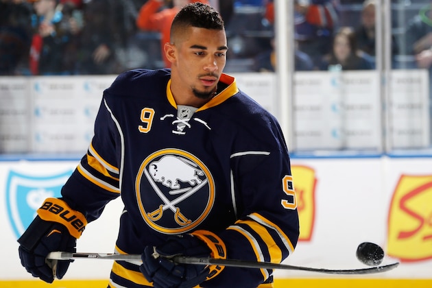 BUFFALO, NY - MARCH 01: Evander Kane #9 of the Buffalo Sabres warms up to play the Edmonton Oilers at First Niagara Center on March 1, 2016 in Buffalo, New York.  (Photo by Jen Fuller/Getty Images)