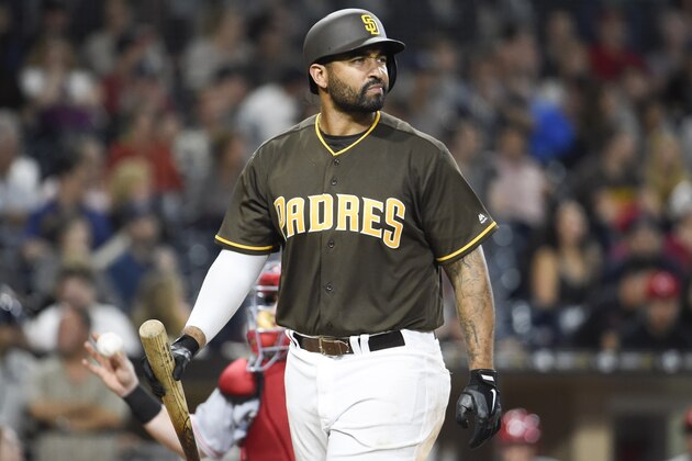 SAN DIEGO, CALIFORNIA - JULY 29:  Matt Kemp #27 of the San Diego Padres walks back to the dugout after striking out during the ninth inning of  a baseball game against the Cincinnati Reds at PETCO Park on July 29, 2016 in San Diego, California.   (Photo by Denis Poroy/Getty Images)