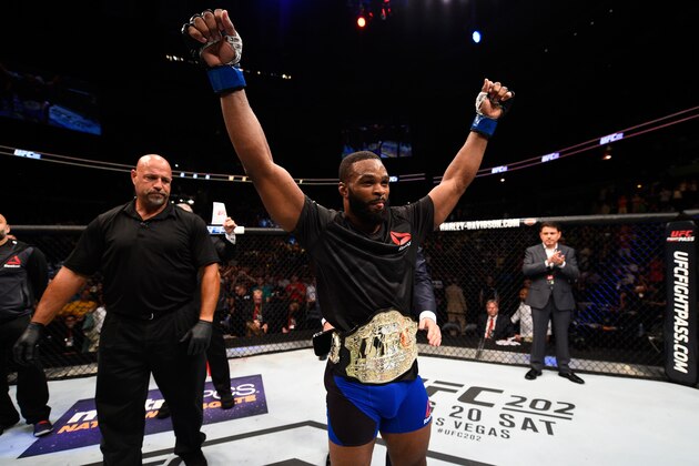 ATLANTA, GA - JULY 30:  Tyron Woodley celebrates his knockout victory over Robbie Lawler in their welterweight championship bout during the UFC 201 event on July 30, 2016 at Philips Arena in Atlanta, Georgia. (Photo by Jeff Bottari/Zuffa LLC/Zuffa LLC via Getty Images)