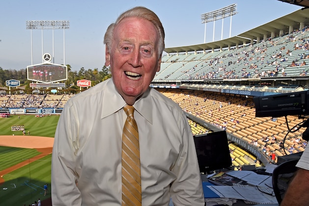 LOS ANGELES, CA - JULY 30: Los Angeles Dodgers broadcaster Vin Scully in the booth before the game between the Los Angeles Dodgers and the Arizona Diamondbacks at Dodger Stadium on July 30, 2016 in Los Angeles, California. (Photo by Jayne Kamin-Oncea/Getty Images)