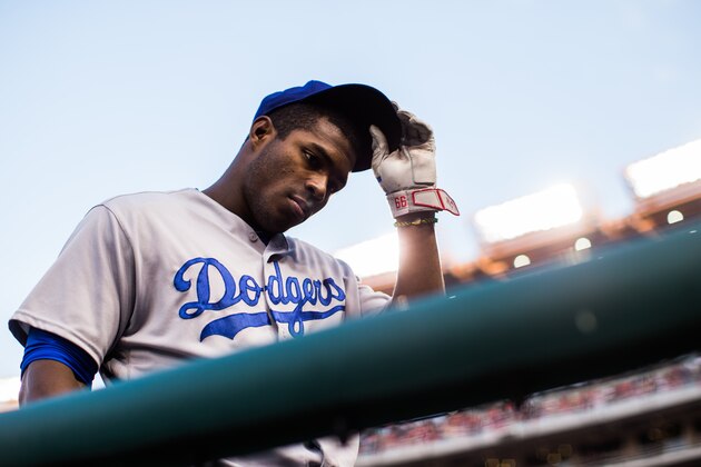 WASHINGTON, DC - JULY 20:  Yasiel Puig #66 of the Los Angeles Dodgers looks on during the game against the Washington Nationals at Nationals Park on July 20, 2016 in Washington, DC. (Photo by Rob Tringali/SportsChrome/Getty Images)