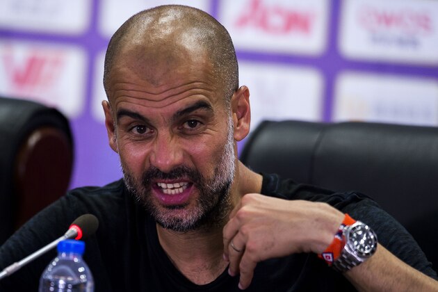 SHENZHEN - JULY 28: Manchester City FC's coach Pep Guardiola attends a press conference after the Borussia Dortmund and Manchester City FC match as part of 2016 International Champions Cup China match at the Shenzhen Stadium on 28 July 2016 in Shenzhen, China. (Photo by Power Sport Images/Getty Images)