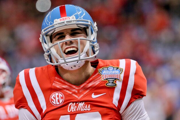 Jan 1, 2016; New Orleans, LA, USA; Mississippi Rebels quarterback Chad Kelly (10) prior to kickoff in the 2016 Sugar Bowl against the Oklahoma State Cowboys at the Mercedes-Benz Superdome. Mandatory Credit: Derick E. Hingle-USA TODAY Sports