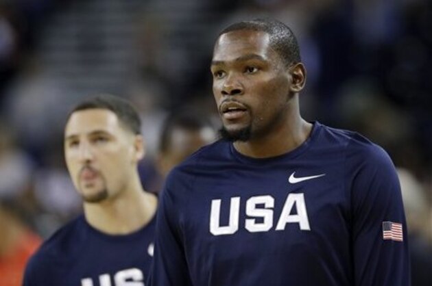 United States' Kevin Durant during an exhibition basketball game against China Tuesday, July 26, 2016, in Oakland, Calif. (AP Photo/Marcio Jose Sanchez)