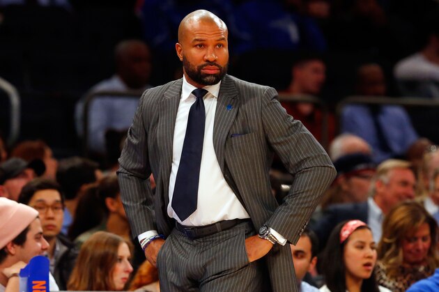 NEW YORK, NY - DECEMBER 16:  (NEW YORK DAILIES OUT)    Head coach Derek Fisher of the New York Knicks in action against the Minnesota Timberwolves at Madison Square Garden on December 16, 2015 in New York City. The Knicks defeated the Timberwolves 107-102.  NOTE TO USER: User expressly acknowledges and agrees that, by downloading and/or using this Photograph, user is consenting to the terms and conditions of the Getty Images License Agreement.  (Photo by Jim McIsaac/Getty Images)