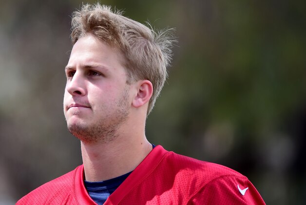 OXNARD, CA - MAY 06:  Jared Goff #16 of the Los Angeles Rams comes off the field before the start of a Los Angeles Rams rookie camp on May 06, 2016 in Oxnard, California.  (Photo by Harry How/Getty Images)