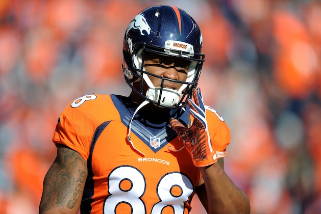 DENVER, CO - JANUARY 24:  Demaryius Thomas #88 of the Denver Broncos warms up before the AFC Championship game against the New England Patriots at Sports Authority Field at Mile High on January 24, 2016 in Denver, Colorado.  (Photo by Dustin Bradford/Getty Images)