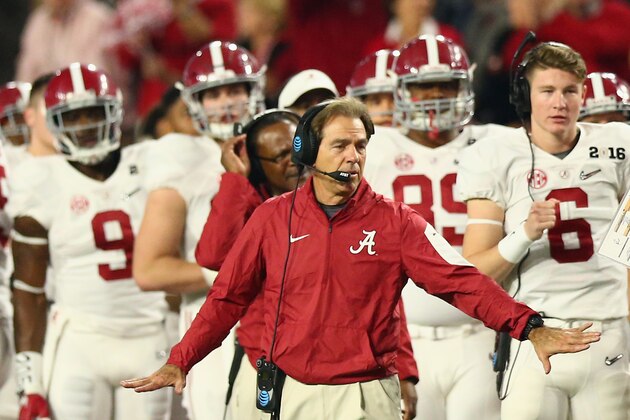GLENDALE, AZ - JANUARY 11:  Head coach Nick Saban of the Alabama Crimson Tide reacts against the Clemson Tigers during the 2016 College Football Playoff National Championship Game at University of Phoenix Stadium on January 11, 2016 in Glendale, Arizona.  (Photo by Ronald Martinez/Getty Images)