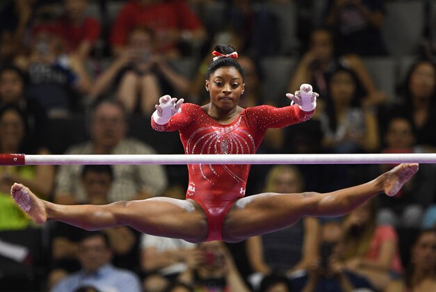 July 10, 2016; San Jose, CA, USA; Simone Biles, from Spring, TX, during the uneven bars in the women's gymnastics U.S. Olympic team trials at SAP Center. Mandatory Credit: Kyle Terada-USA TODAY Sports