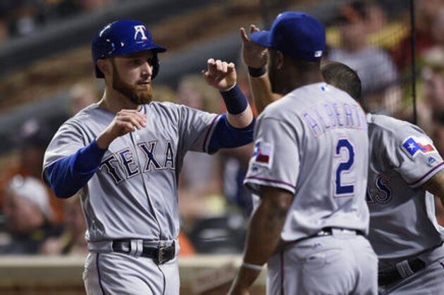 Texas Rangers catcher Jonathan Lucroy, left, is congratulated by Hanser Alberto after scoring against the Baltimore Orioles on a single by Elvis Andros during the eighth inning of a baseball in Baltimore, Tuesday, Aug. 2, 2016. The Orioles won 5-1. (AP Photo/Gail Burton)
