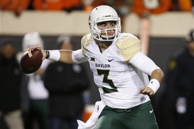 Baylor quarterback Jarrett Stidham (3) is pictured during an NCAA college football game against Oklahoma State in Stillwater, Okla., Saturday, Nov. 21, 2015. (AP Photo/Sue Ogrocki)