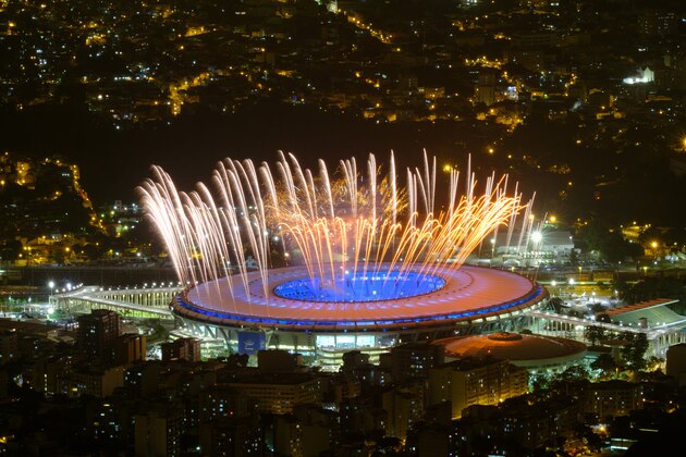 Fireworks are seen during a rehearsal of the opening ceremony of the Rio 2016 Olympic Games in Rio de Janeiro on August 3, 2016. / AFP / YASUYOSHI CHIBA        (Photo credit should read YASUYOSHI CHIBA/AFP/Getty Images)