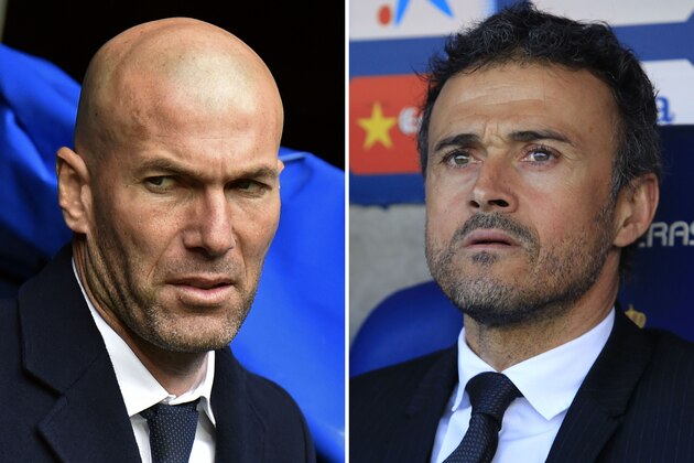 (FILES) A combination of two pictures made on April 1st, 2016 shows Real Madrid's French coach Zinedine Zidane (L) before the Spanish league football match Real Madrid CF vs RC Celta de Vigo at the Santiago Bernabeu stadium in Madrid on March 5, 2016 and Barcelona's coach Luis Enrique before the Spanish league football match RCD Espanyol vs FC Barcelona at the Power8 stadium in Cornella de Llobregat on January 2, 2016.
Barcelona will honour legendary former player and coach Johan Cruyff as they look to inflict more misery upon eternal rivals Real Madrid in the Clasico on April 2nd, 2016. / AFP / GERARD JULIEN AND PAU BARRENA        (Photo credit should read GERARD JULIEN,PAU BARRENA/AFP/Getty Images)