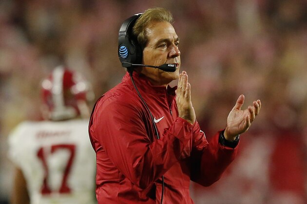 GLENDALE, AZ - JANUARY 11:  Head coach Nick Saban celebrates after O.J. Howard #88 of the Alabama Crimson Tide scored a 53 yards touchdown in the third quarter against the Clemson Tigers during the 2016 College Football Playoff National Championship Game at University of Phoenix Stadium on January 11, 2016 in Glendale, Arizona.  (Photo by Kevin C. Cox/Getty Images)