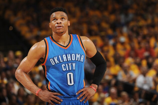 OAKLAND, CA - MAY 30:  Russell Westbrook #0 of the Oklahoma City Thunder stands on the court during the game against the Golden State Warriors in Game Seven of the Western Conference Finals during the 2016 NBA Playoffs on May 30, 2016 at ORACLE Arena in Oakland, California. NOTE TO USER: User expressly acknowledges and agrees that, by downloading and or using this photograph, user is consenting to the terms and conditions of Getty Images License Agreement. Mandatory Copyright Notice: Copyright 2016 NBAE (Photo by Noah Graham/NBAE via Getty Images)