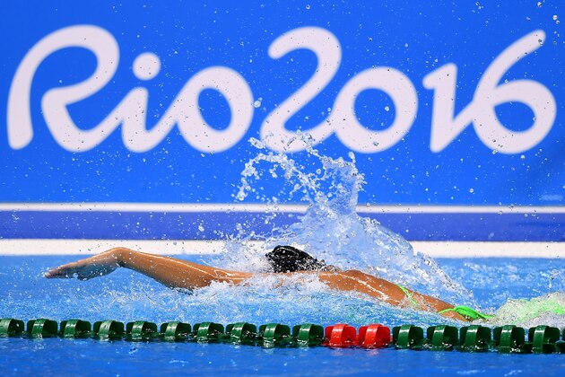 A swimmer trains at the Olympic Aquatics Stadium ahead of the Rio 2016 Olympic Games in Rio de Janeiro on August 4, 2016. / AFP / GABRIEL BOUYS        (Photo credit should read GABRIEL BOUYS/AFP/Getty Images)