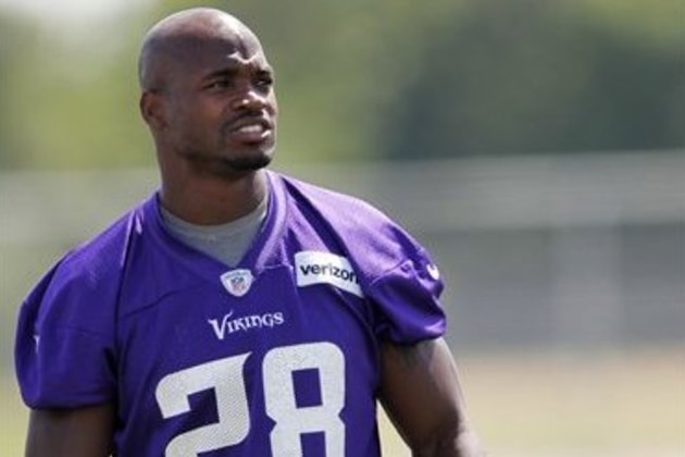 Minnesota Vikings running back Adrian Peterson (28) during the team's NFL football training camp at Mankato State University in Mankato, Minn. on Saturday, July, 30, 2016.(AP Photo/Andy Clayton-King)