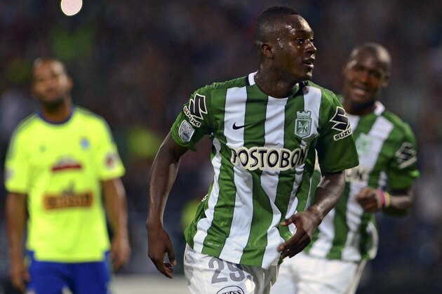Colombia's Atletico Nacional player Marlos Moreno (C) celebrates  with teammates  after scoring a goal against Peru's Sporting Cristal   during the Copa Libertadores 2016 group 4 football match at Atanasio Girardot stadium in Medellin, Antioquia department, Colombia on March 1, 2016. AFP PHOTO/Raul ARBOLEDA / AFP / RAUL ARBOLEDA        (Photo credit should read RAUL ARBOLEDA/AFP/Getty Images)