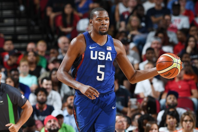 HOUSTON, TX - AUGUST 1:  Kevin Durant #5 of the USA Basketball Men's National Team handles the ball against Nigeria on August 1, 2016 at the Toyota Center in Houston, Texas. NOTE TO USER: User expressly acknowledges and agrees that, by downloading and or using this photograph, User is consenting to the terms and conditions of the Getty Images License Agreement. Mandatory Copyright Notice: Copyright 2016 NBAE (Photo by Garrett Ellwood/NBAE via Getty Images)