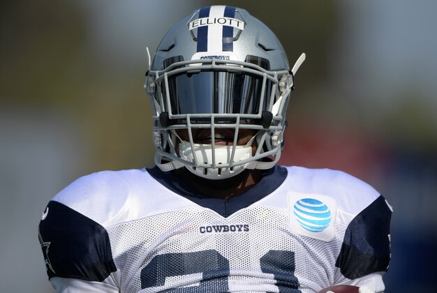 Aug 1, 2016; Irvine, CA, USA; Dallas Cowboys running back Ezekiel Elliott (21) looks on at training camp at the River Ridge Fields. Mandatory Credit: Kirby Lee-USA TODAY Sports