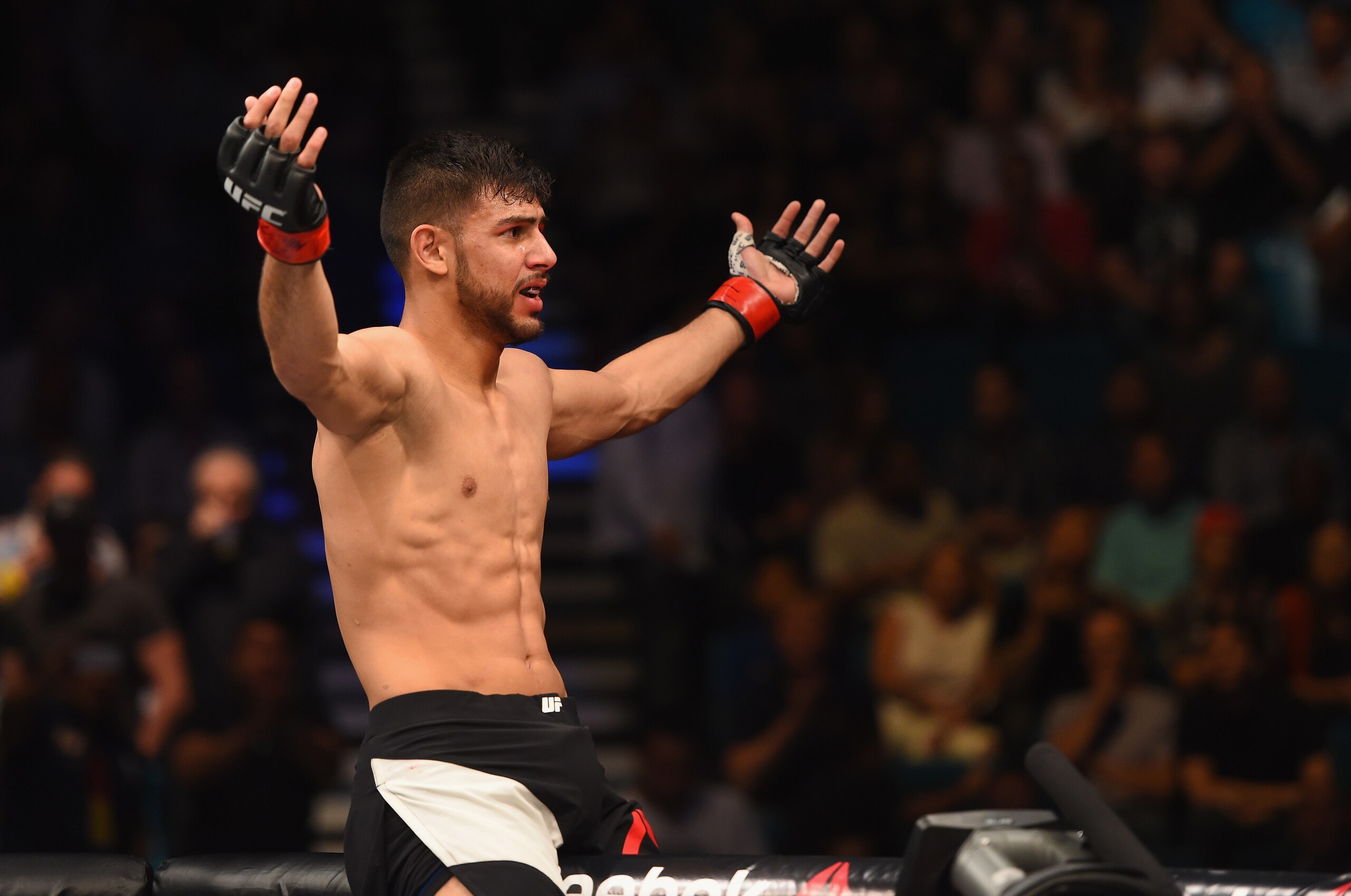 LAS VEGAS, NV - APRIL 23:  Yair Rodriguez of Mexico celebrates his knockout victory over Andre Fili in their featherweight bout during the UFC 197 event inside MGM Grand Garden Arena on April 23, 2016 in Las Vegas, Nevada.  (Photo by Josh Hedges/Zuffa LLC/Zuffa LLC via Getty Images)