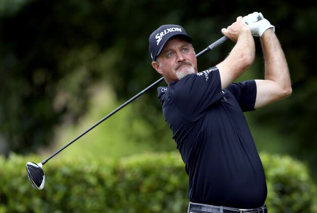 May 19, 2016; Irving, TX, USA;  Jerry Kelly tees off on the 1st hole during the first round of the 2016 AT&T Byron Nelson golf tournament at TPC Four Seasons Resort - Las Colinas. Mandatory Credit: Kevin Jairaj-USA TODAY Sports