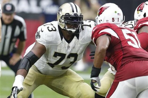 FILE - In this Sept. 13, 2015, file photo, New Orleans Saints guard Jahri Evans (73) is shown during an NFL football game against the Arizona Cardinals, in Glendale, Ariz. The Buffalo Bills are turning their attention to veteran offensive guard Jahri Evans in the event they lose starter Richie Incognito in free agency. The Bills announced they were meeting with Evans on Monday, March 7, 2016, not long after the unsigned free agent posted a picture of Buffalo's downtown harbor on his Twitter account. (AP Photo/Rick Scuteri, File)
