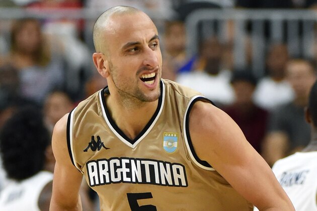 LAS VEGAS, NV - JULY 22:  Manu Ginobili #5 of Argentina reacts after scoring against the United States during a USA Basketball showcase exhibition game at T-Mobile Arena on July 22, 2016 in Las Vegas, Nevada. The United States won 111-74.  (Photo by Ethan Miller/Getty Images)