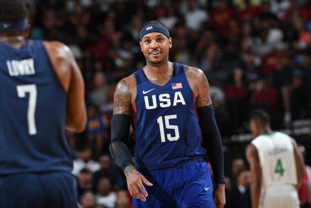 HOUSTON, TX - AUGUST 1:  Carmelo Anthony #15 of the USA Basketball Men's National Team looks on during the game against Nigeria on August 1, 2016 at the Toyota Center in Houston, Texas. NOTE TO USER: User expressly acknowledges and agrees that, by downloading and or using this photograph, User is consenting to the terms and conditions of the Getty Images License Agreement. Mandatory Copyright Notice: Copyright 2016 NBAE (Photo by Garrett Ellwood/NBAE via Getty Images)