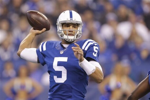 Indianapolis Colts quarterback Josh Freeman (5) looks to throw against the Tennessee Titans during the first half of an NFL football game in Indianapolis, Sunday, Jan. 3, 2016. (AP Photo/Michael Conroy)