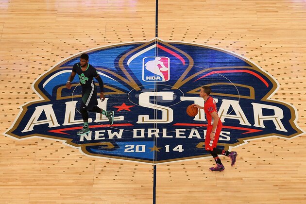 NEW ORLEANS, LA - FEBRUARY 16:  Western Conference Stephen Curry #30 of the Golden State Warriors moves the ball across mid court during 2014 NBA All-Star game against the Eastern Conference at the Smoothie King Center on February 16, 2014 in New Orleans, Louisiana. The East defeated the West 163-155.  NOTE TO USER: User expressly acknowledges and agrees that, by downloading and or using this photograph, User is consenting to the terms and conditions of the Getty Images License Agreement.  (Photo by Christian Petersen/Getty Images)