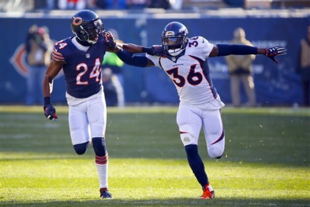 Chicago Bears cornerback Alan Ball (24) and Denver Broncos cornerback Kayvon Webster (36) fight for position on punt cover during an NFL football game, Sunday, Nov. 22, 2015, in Chicago. The Broncos won the game 17-15.  (Jeff Haynes/AP Images for Panini)