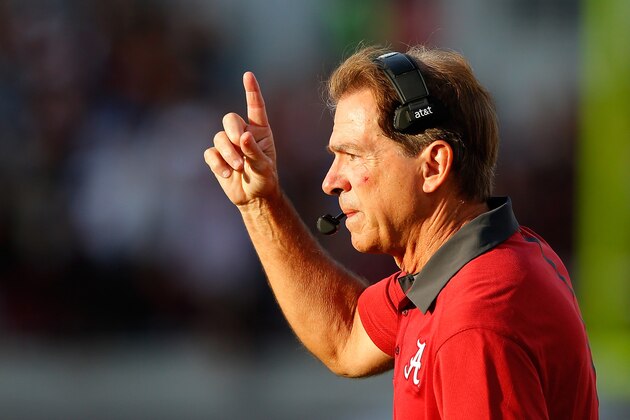 STARKVILLE, MS - NOVEMBER 14:  Head coach Nick Saban of the Alabama Crimson Tide reacts after a touchdown by Calvin Ridley #3 against the Mississippi State Bulldogs at Davis Wade Stadium on November 14, 2015 in Starkville, Mississippi.  (Photo by Kevin C. Cox/Getty Images)