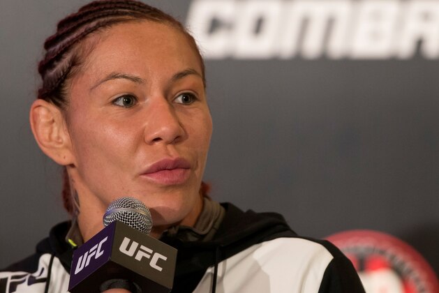 CURITIBA, BRAZIL - MAY 14: Cris Cyborg Justino of Brazil attends the media after the fight against Leslie Smith of the United States in their catchweight bout during the UFC 198 at Arena da Baixada stadium on May 14, 2016 in Curitiba, Brazil. (Photo by Buda Mendes/Zuffa LLC/Zuffa LLC via Getty Images)