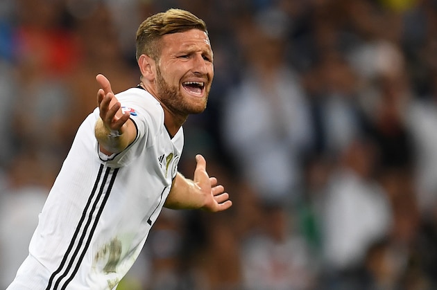 Germany's defender Shkodran Mustafi reacts during the Euro 2016 semi-final football match between Germany and France at the Stade Velodrome in Marseille on July 7, 2016.
 / AFP / PATRIK STOLLARZ        (Photo credit should read PATRIK STOLLARZ/AFP/Getty Images)